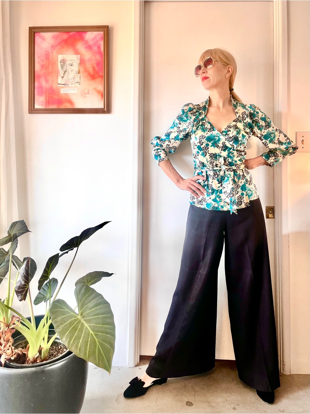 Floral Wrap Blouse and Black Wide-Leg Pants Set - Teal Floral